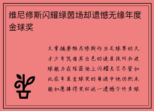 维尼修斯闪耀绿茵场却遗憾无缘年度金球奖